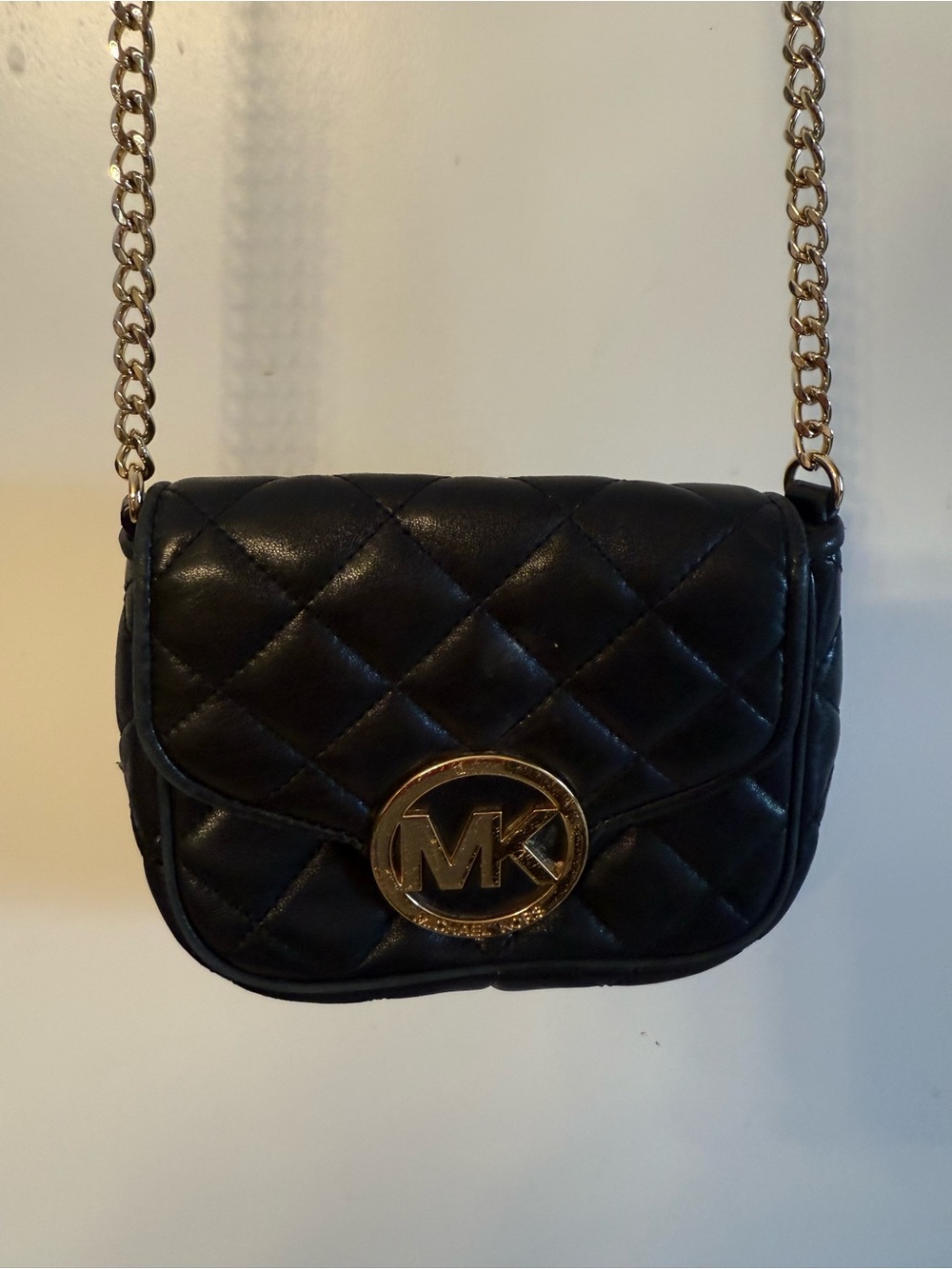 Michael Kors Black Quilted Leather Crossbody with Gold MK Emblem